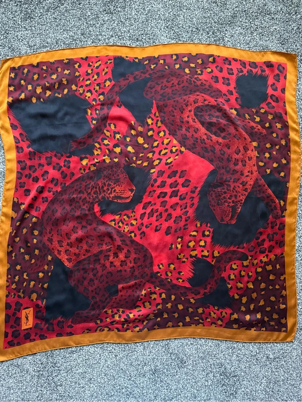 YSL Scarf. Vibrant Red Leopard Motif Silk Scarf
